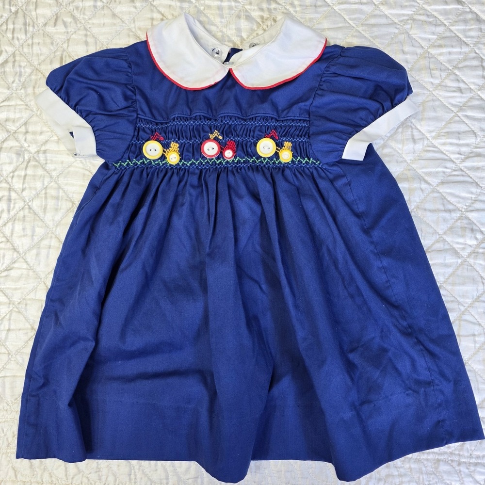 Vintage POLLY FLINDERS 2T Hand Smocked Toddler Dress Blue Colorful Trikes